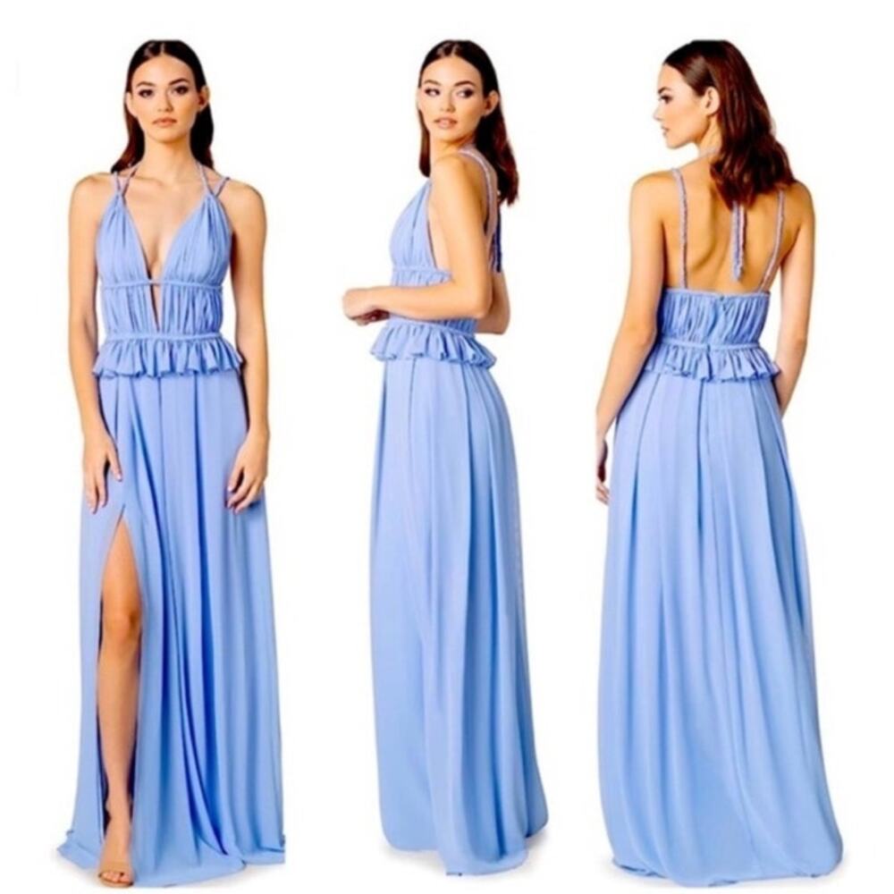 NWT Dress the Population Athena Plunge Cut Out Blue Maxi Dress Gown Size XXL